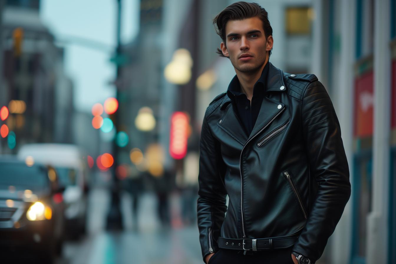midjourney image example fashion mens leather jacket